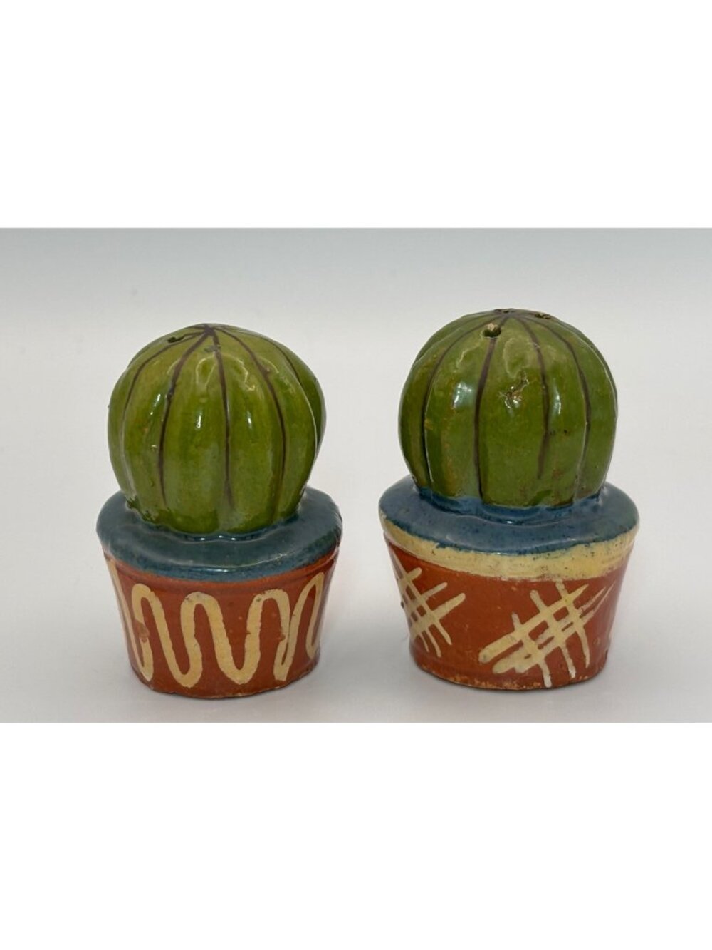 Cactus-Shaped Ceramic Salt & Pepper Shakers Hand-Painted Terracotta Pots 3.25"
